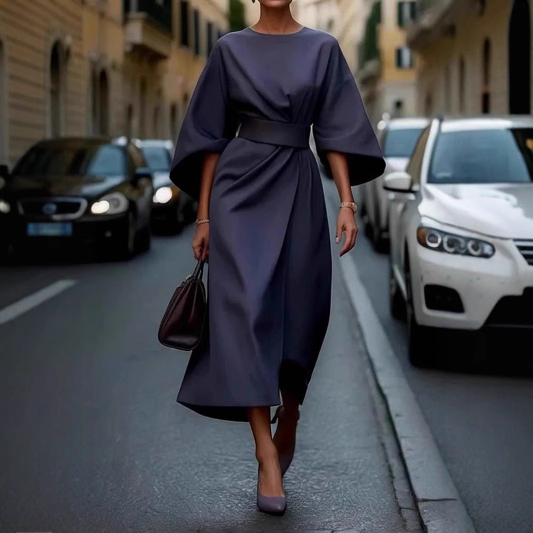 Women's Elegant Solid Color Waist-Cinched Batwing Sleeve Long Dress