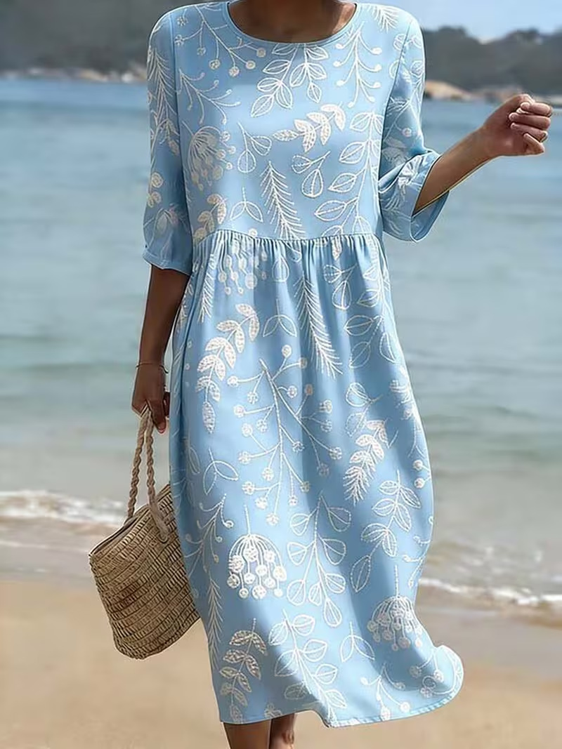 Women's Vintage Floral Print Pleated Midi Dress
