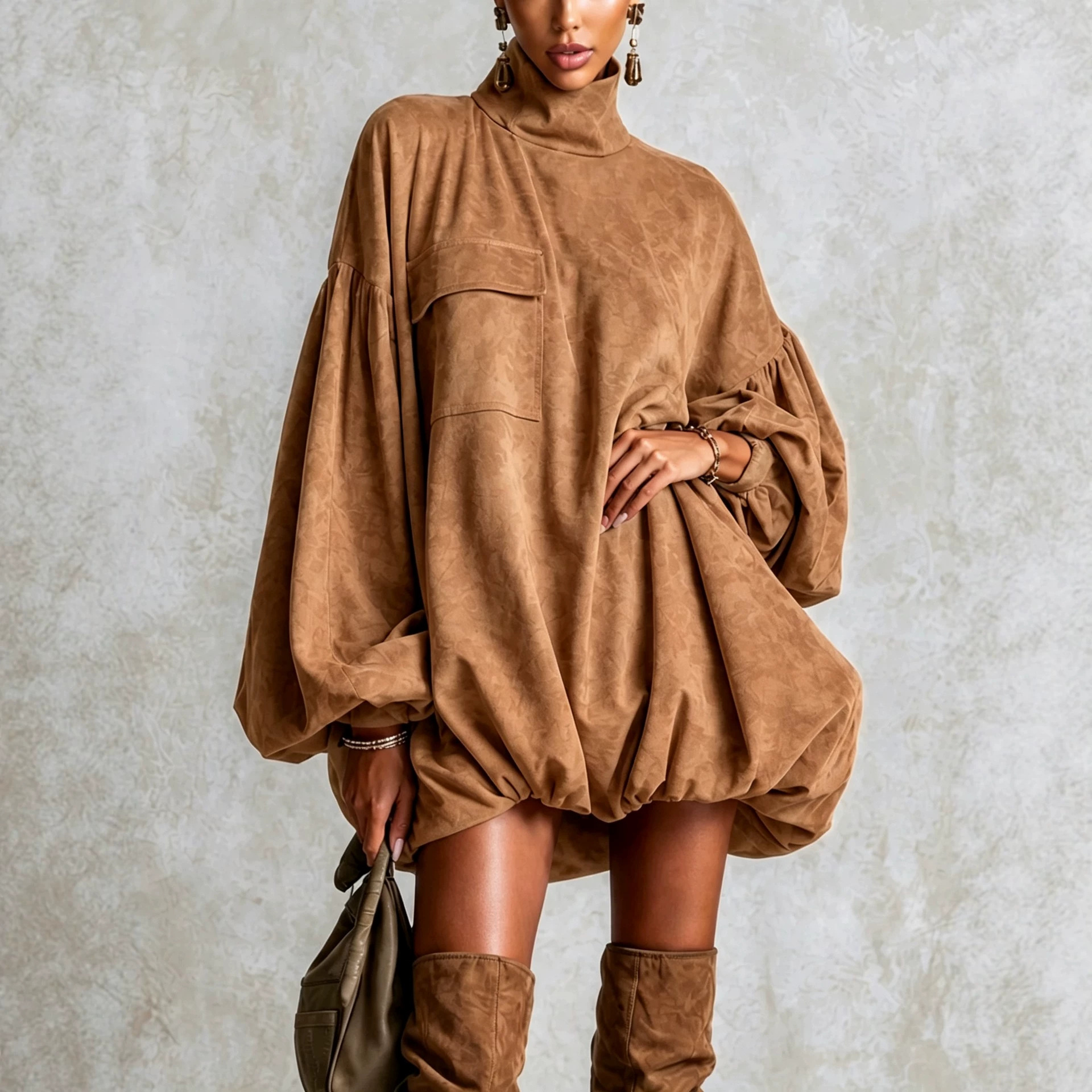 Women's High Neck Lantern Sleeve Bubble Hem Mini Dress with Pockets