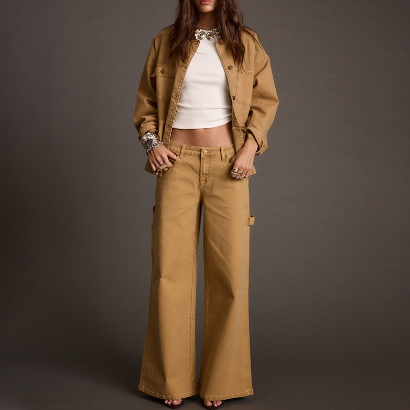 Women's Long Sleeve Ruched Top and High-Waist Wide-Leg Pants Two-Piece Set