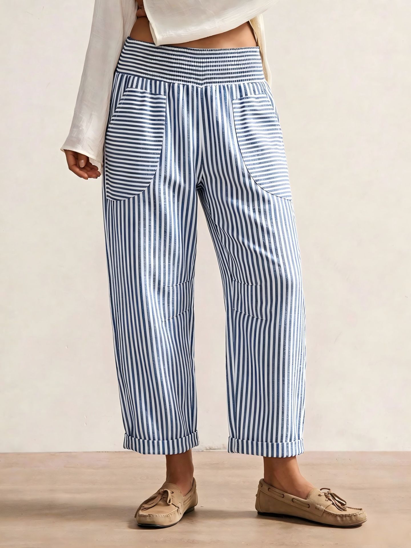 Women's Retro Striped Casual Pants with Pockets, Loose Straight-Leg