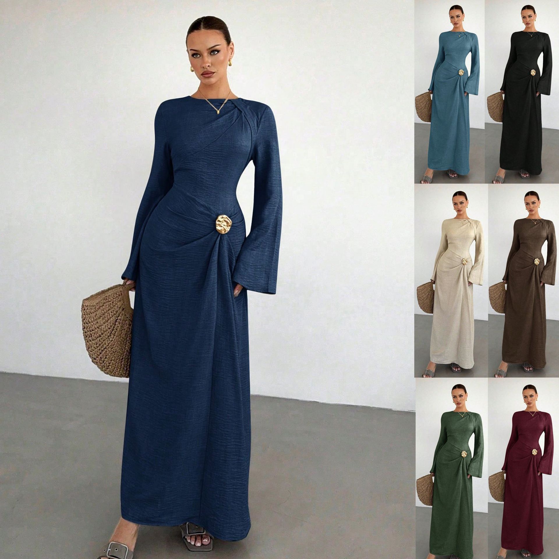 Light Luxury Crewneck Bell Sleeve Pleated Metallic Button Long Dress