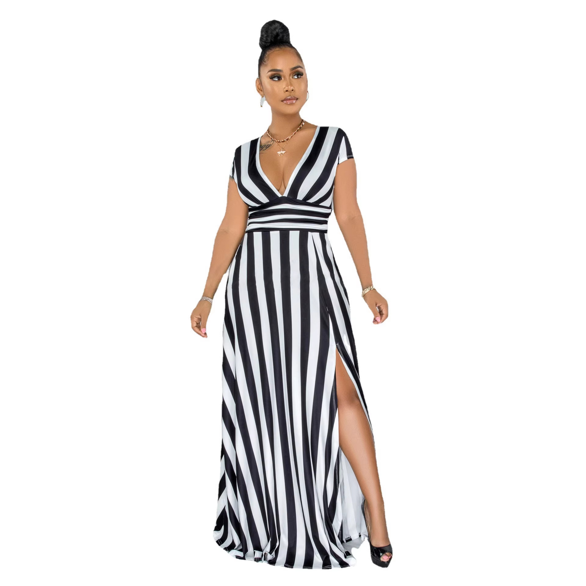 Striped Bodycon Split Dress with V-Neck and Sleeveless Design