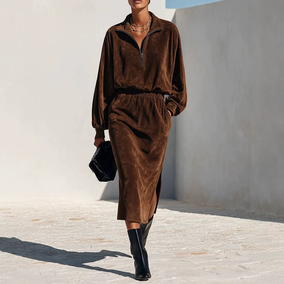 Women's Half-Zip Stand Collar Sweatshirt and Skirt Two-Piece Set