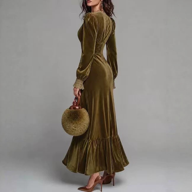 French Vintage V-Neck Fitted Long Sleeve Midi Dress