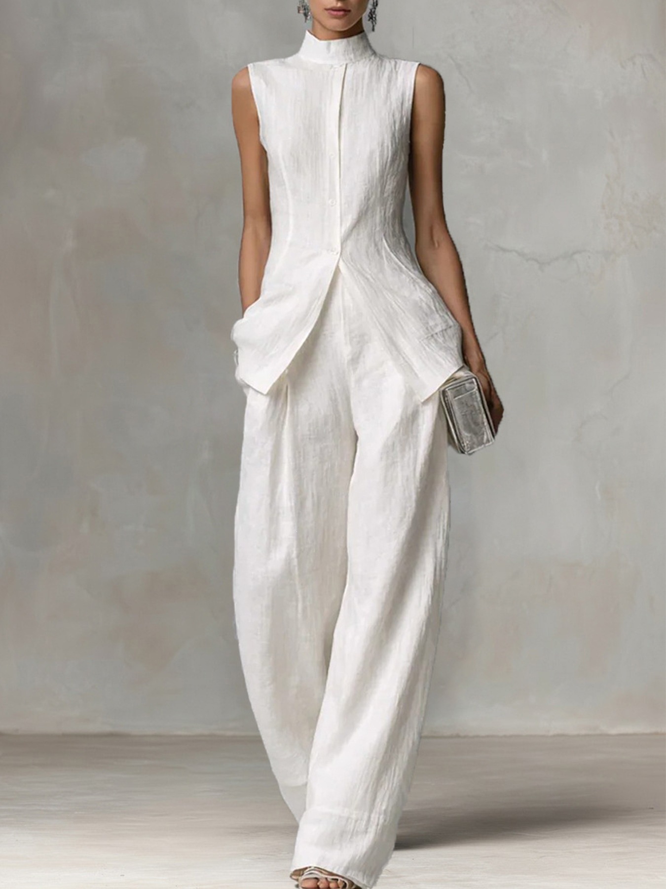 Women's Sleeveless Shirt and Pants Set with Drape, Casual Chic Two-Piece Outfit