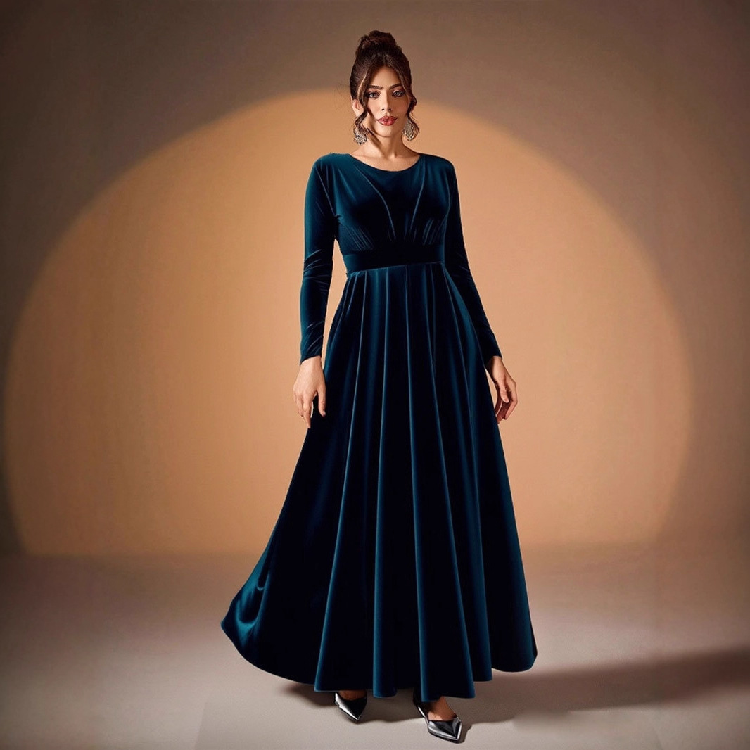 Women's Plus Size Velvet Long Sleeve Ruched A-Line Midi Evening Dress