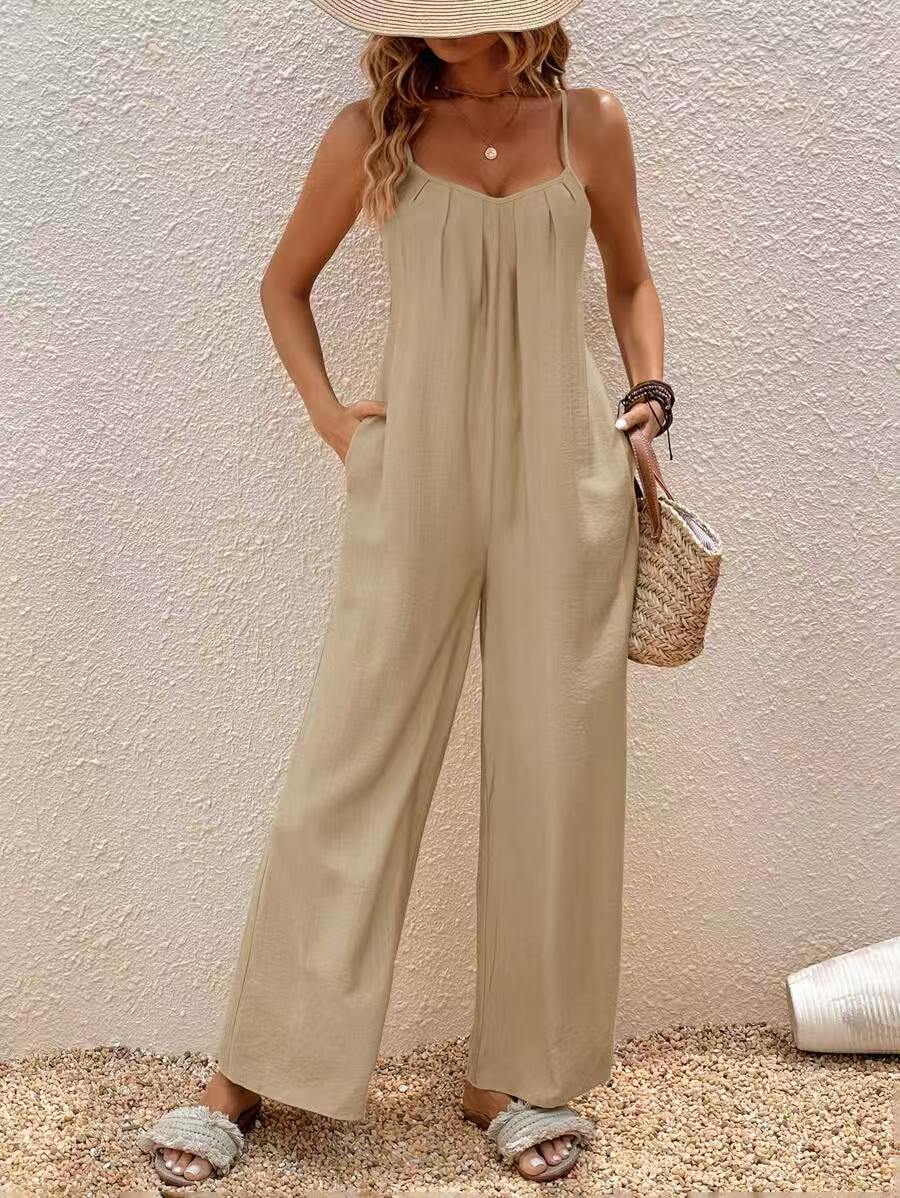 Adjustable Strap Sleeveless Jumpsuit Solid Color Vacation Elegant