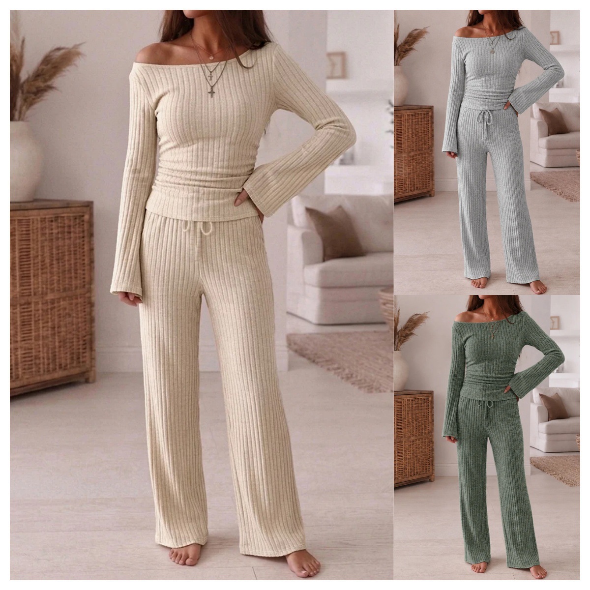 Women's Ribbed Knit Lounge Set Off-Shoulder Flared Sleeve Ruched Top & Wide-Leg Pants