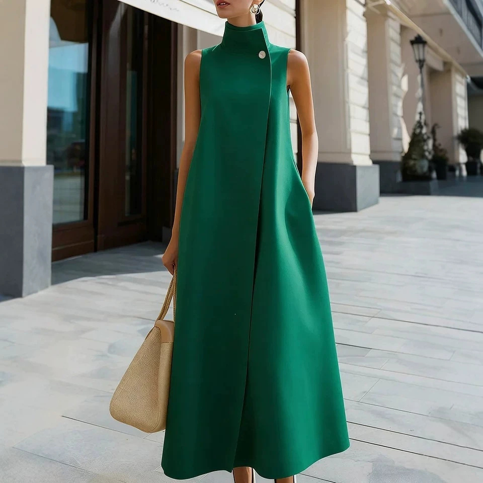 Elegant Stand Collar Sleeveless A-Line Midi Dress