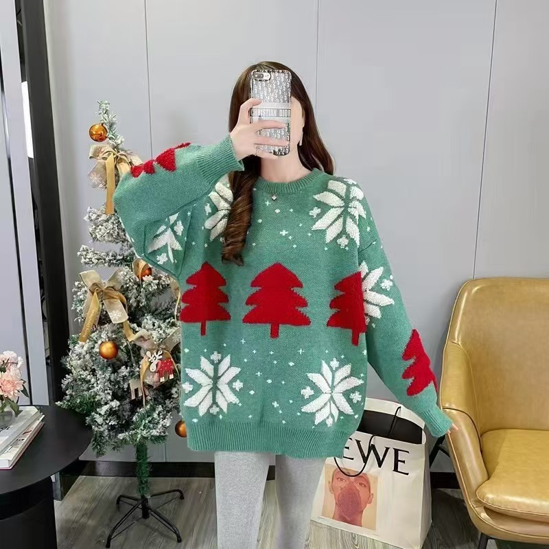 Women's Thick Christmas Tree Sweater Crewneck Loose Pullover