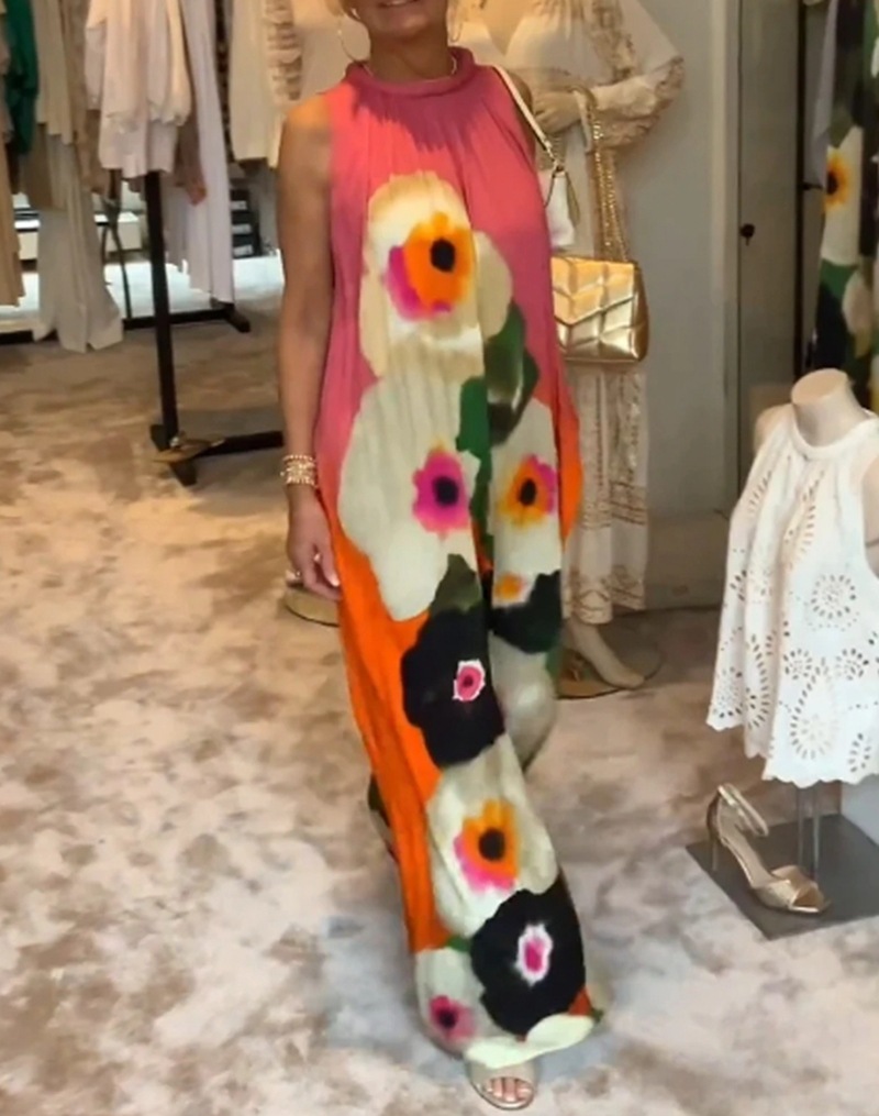 Colorful Floral Print Sleeveless Round Neck Maxi Dress