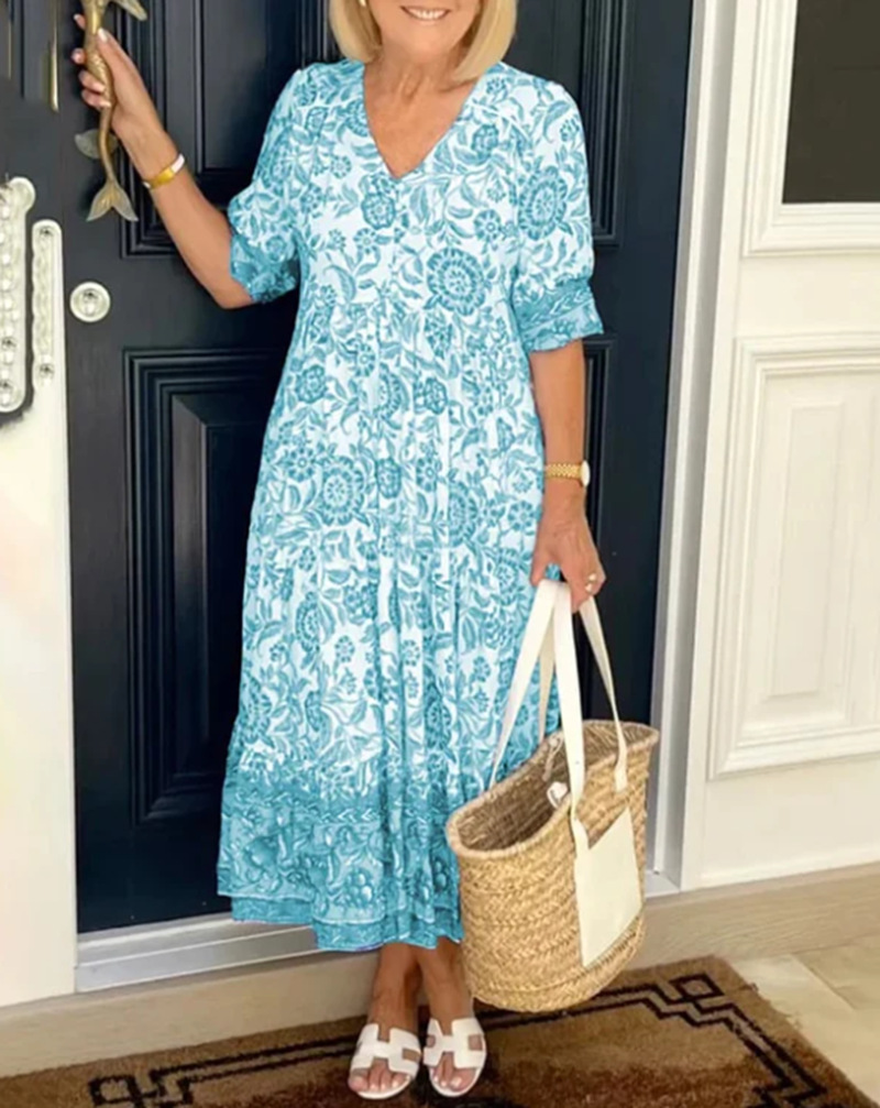 V-Neck Floral Print Long Dress