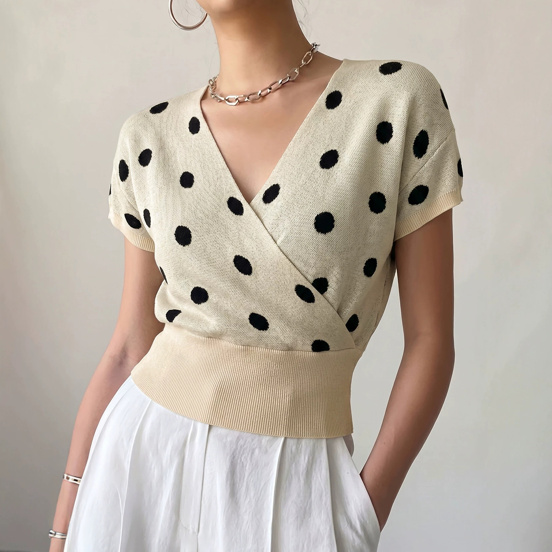 Women's Polka Dot V-Neck Knit Top Cross-Front Short Sleeve Loose Fit