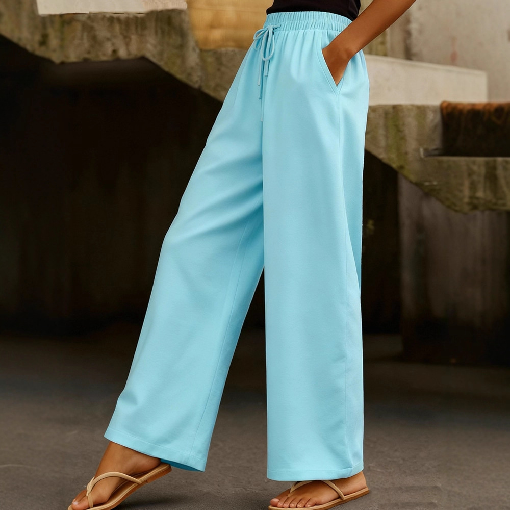 Women's Cotton-Linen Wide-Leg Pants with Drawstring Elastic Waist and Side Pockets