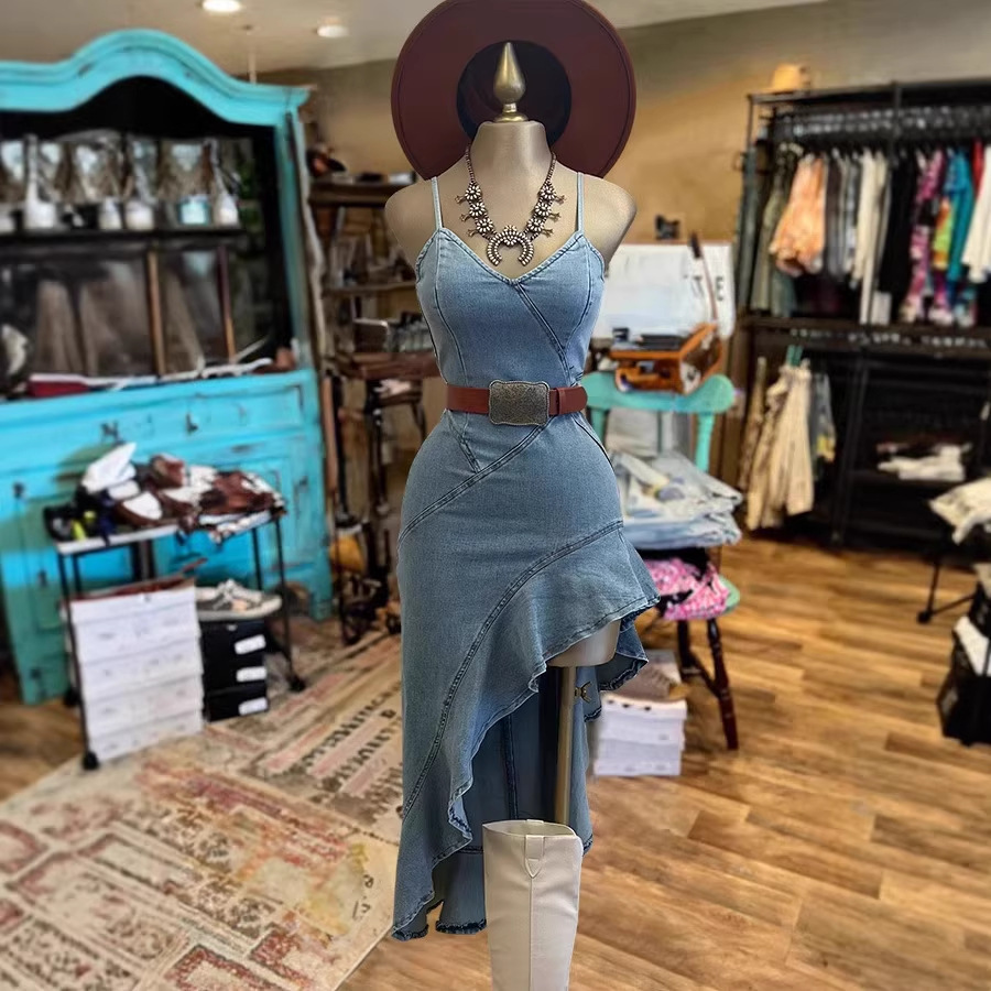 Women's Sleeveless Denim Dress with Asymmetrical Hem