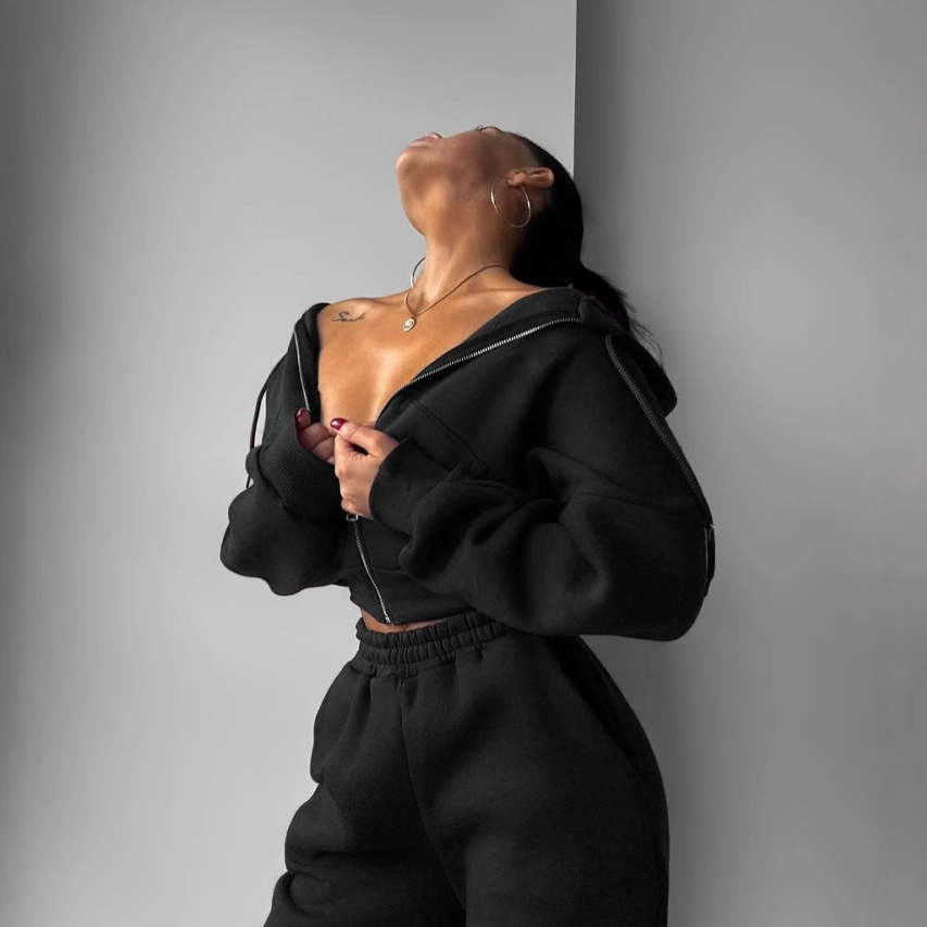 Women's Solid Color Hooded Long Sleeve Jogger Two-Piece Tracksuit