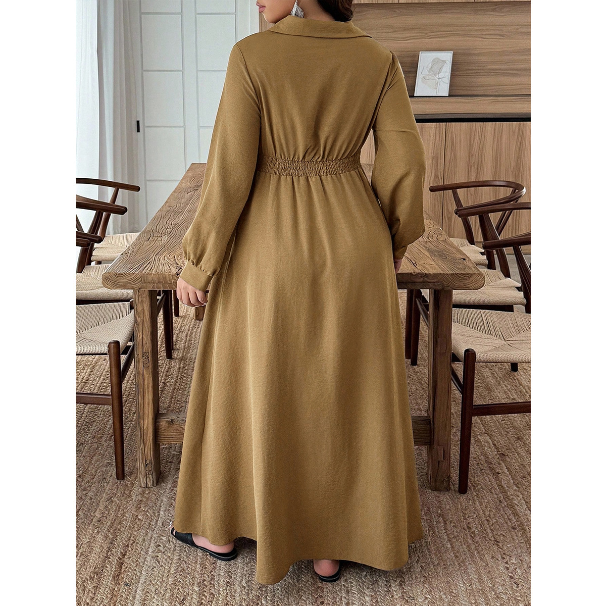 V-Neck Twist High-Waist Long Shirt Dress with Lantern Sleeves