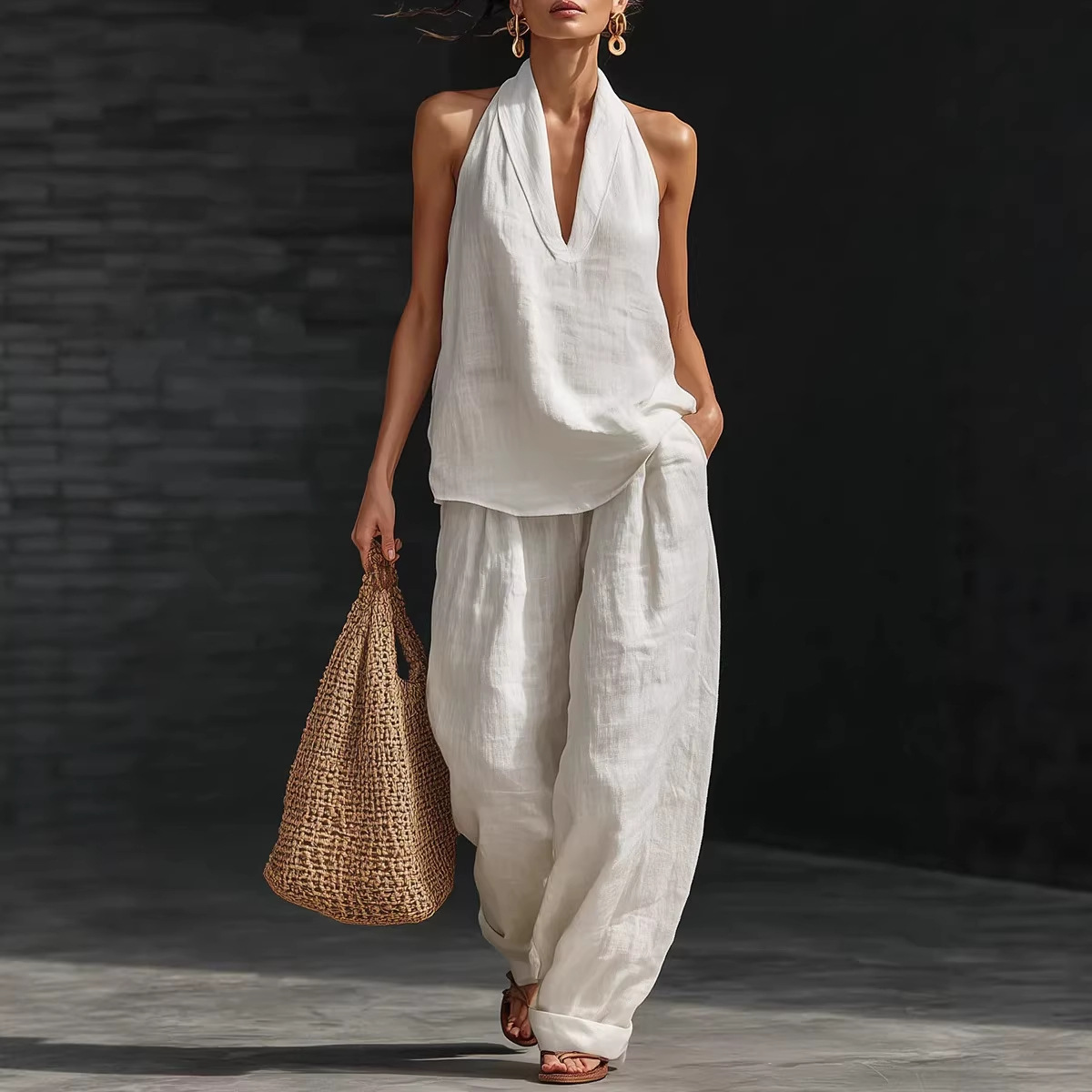 French-Style Halter V-Neck Open-Back Top & Wide-Leg Pants Set