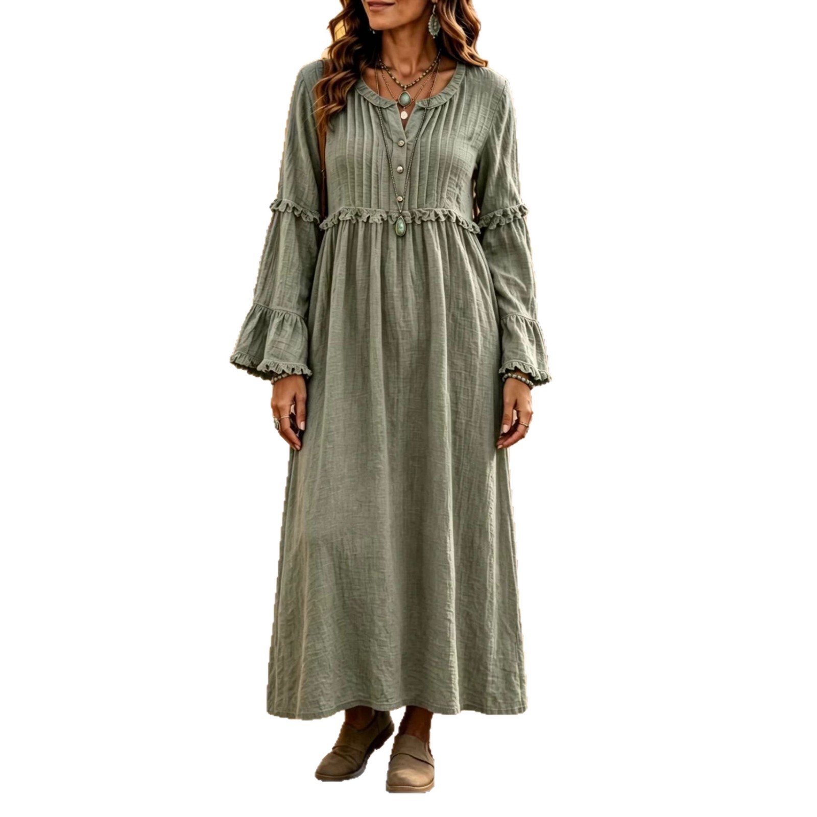 Lace Trim Fringe Button Loose Casual Dress