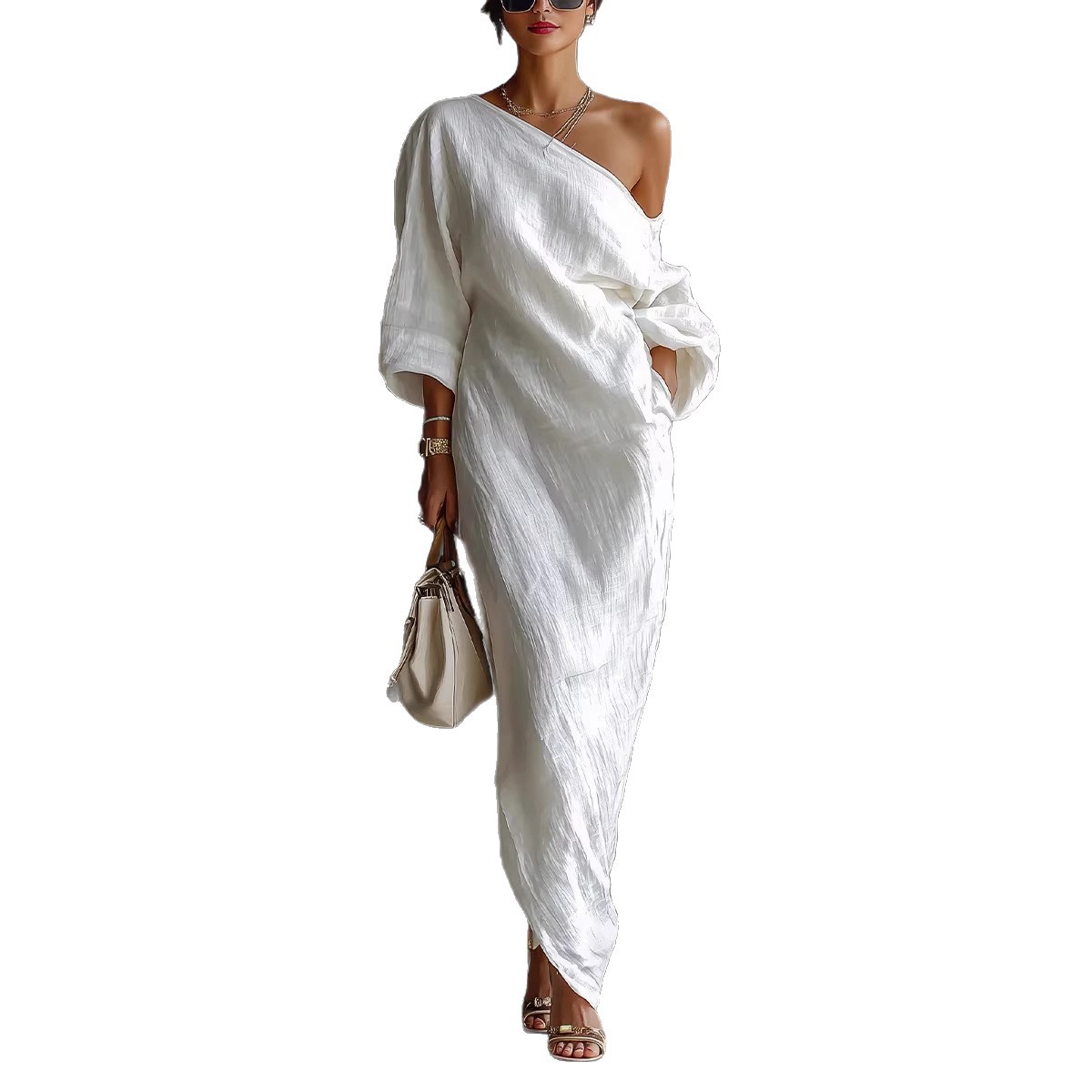 Elegant One-Shoulder Long Sleeve Maxi Dress with Asymmetrical Hem