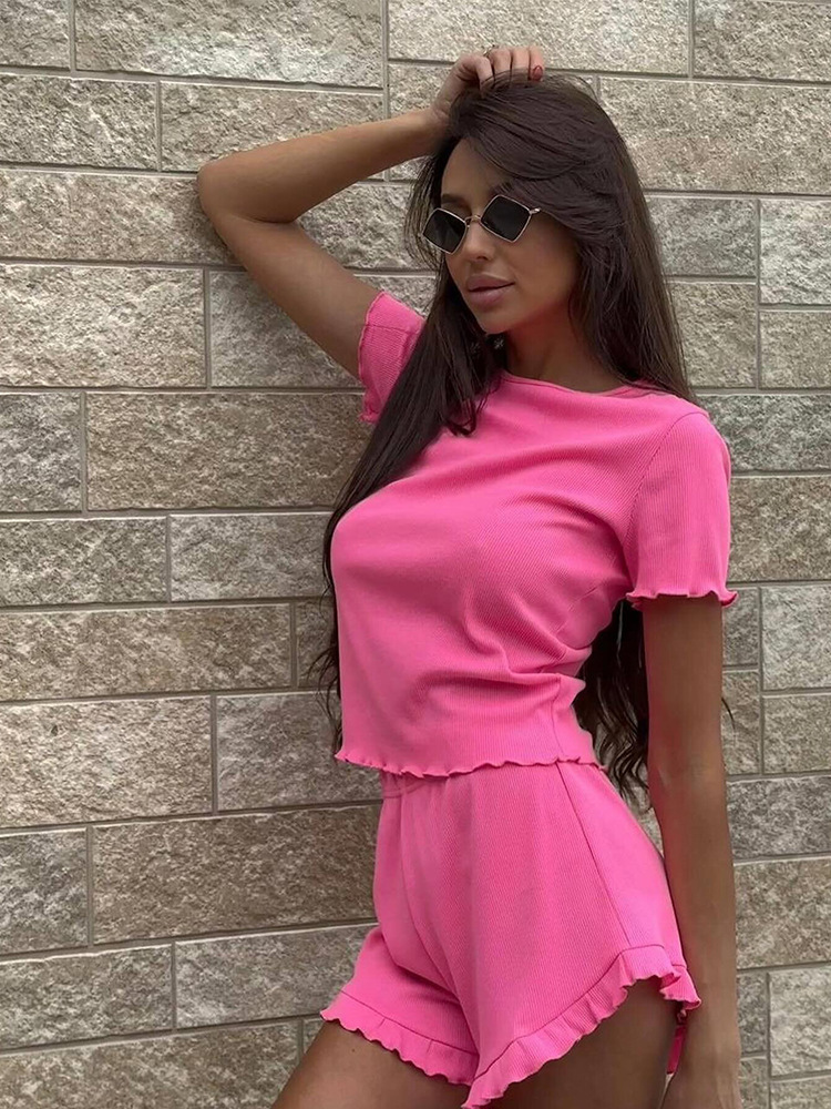Women's Ribbed Ruffle Short Sleeve Lounge Set with Shorts