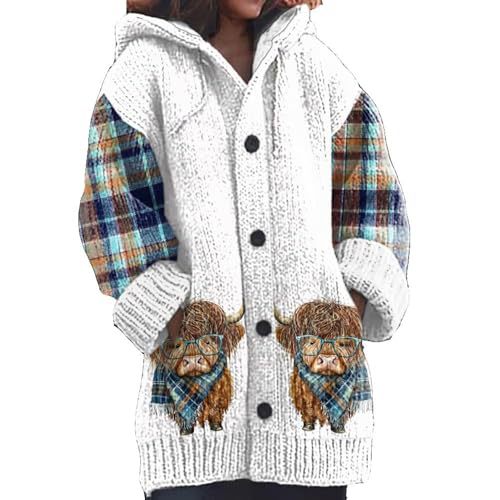 Women's Cartoon Cow Print Hooded Button Cardigan Sweater