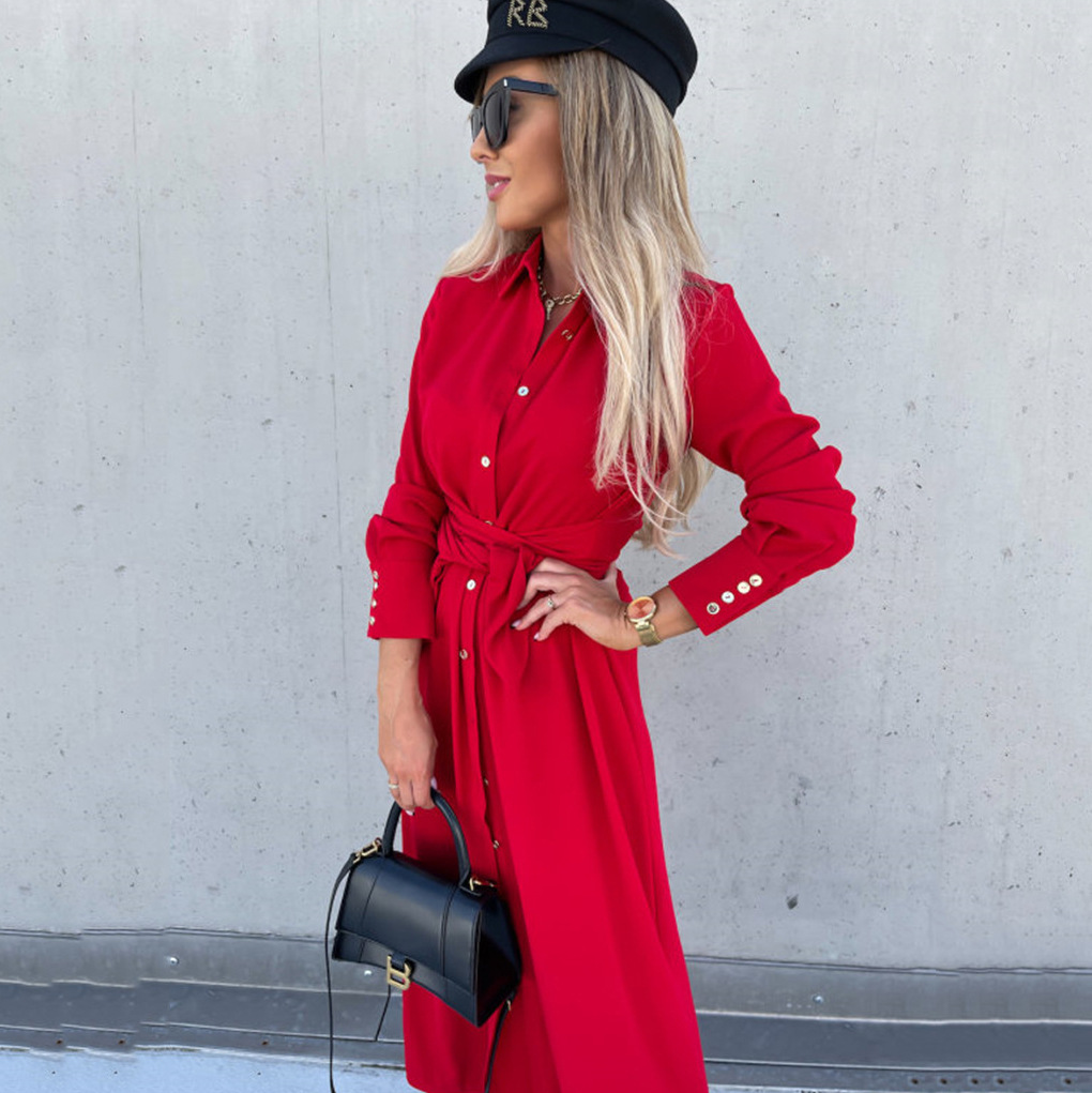 Women's Solid Color Long Sleeve Open Front Maxi Dress with Tie