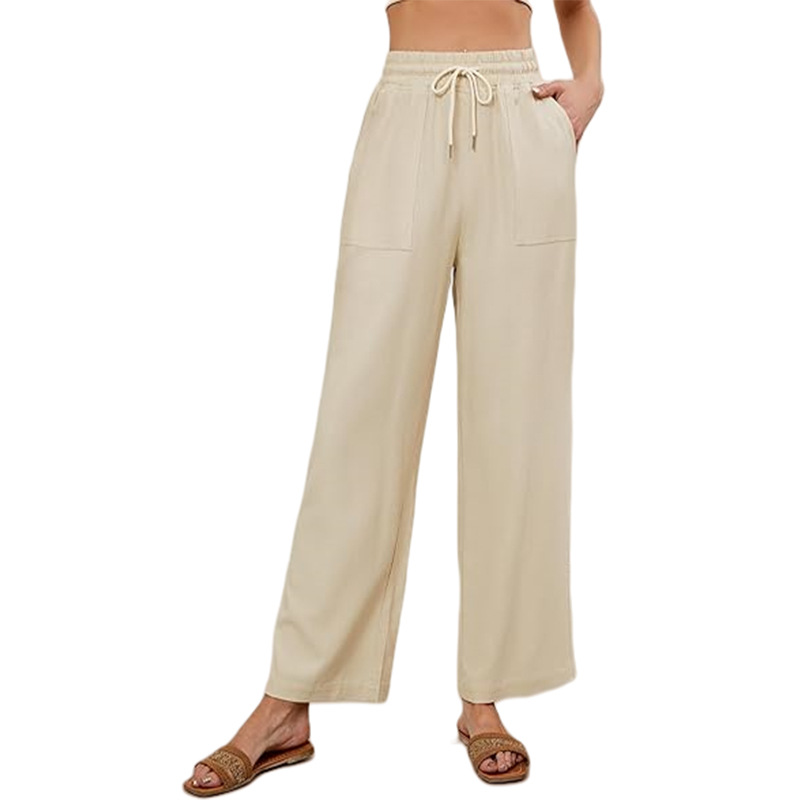 Women's Cotton Linen Straight Leg Pants Solid Color Casual Wide Leg Trousers