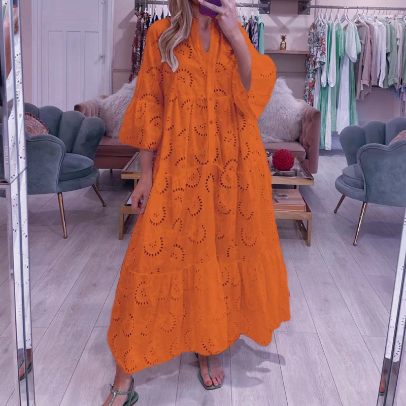 Women's French V-Neck Bell Sleeve Lace Hollow Out Long Dress