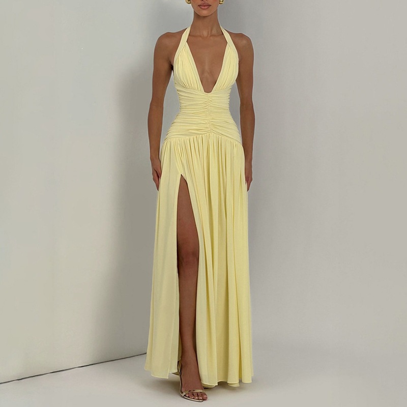 French-Style Deep V Slit Solid Color Dress