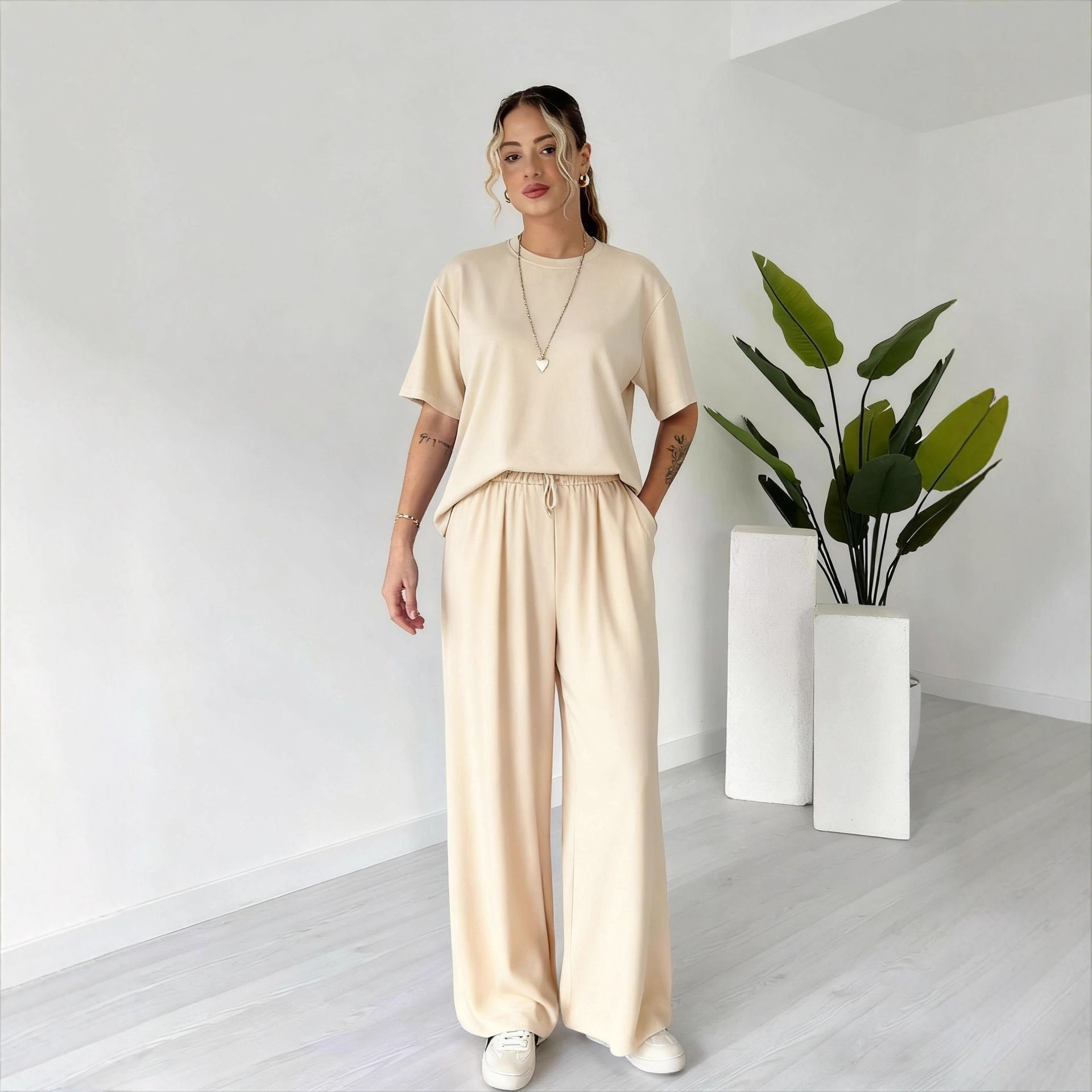 Women's Solid Color Two-Piece Pants Set with Short Sleeve Top and Long Pants