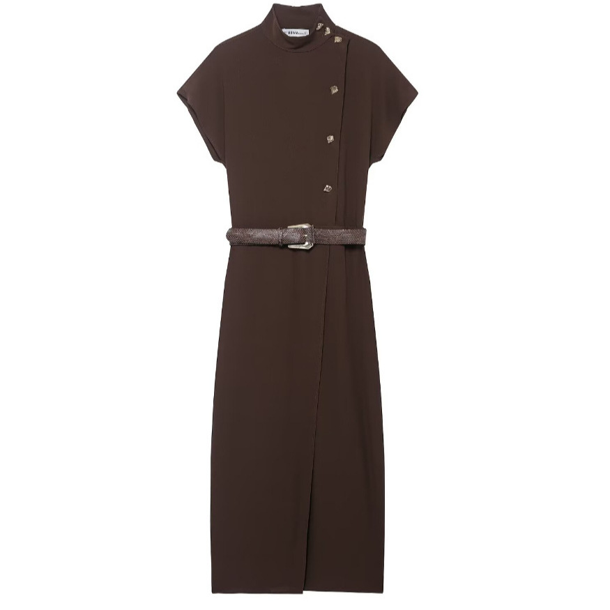 Women's Belted Midi Dress Short Sleeve High Waist Solid
