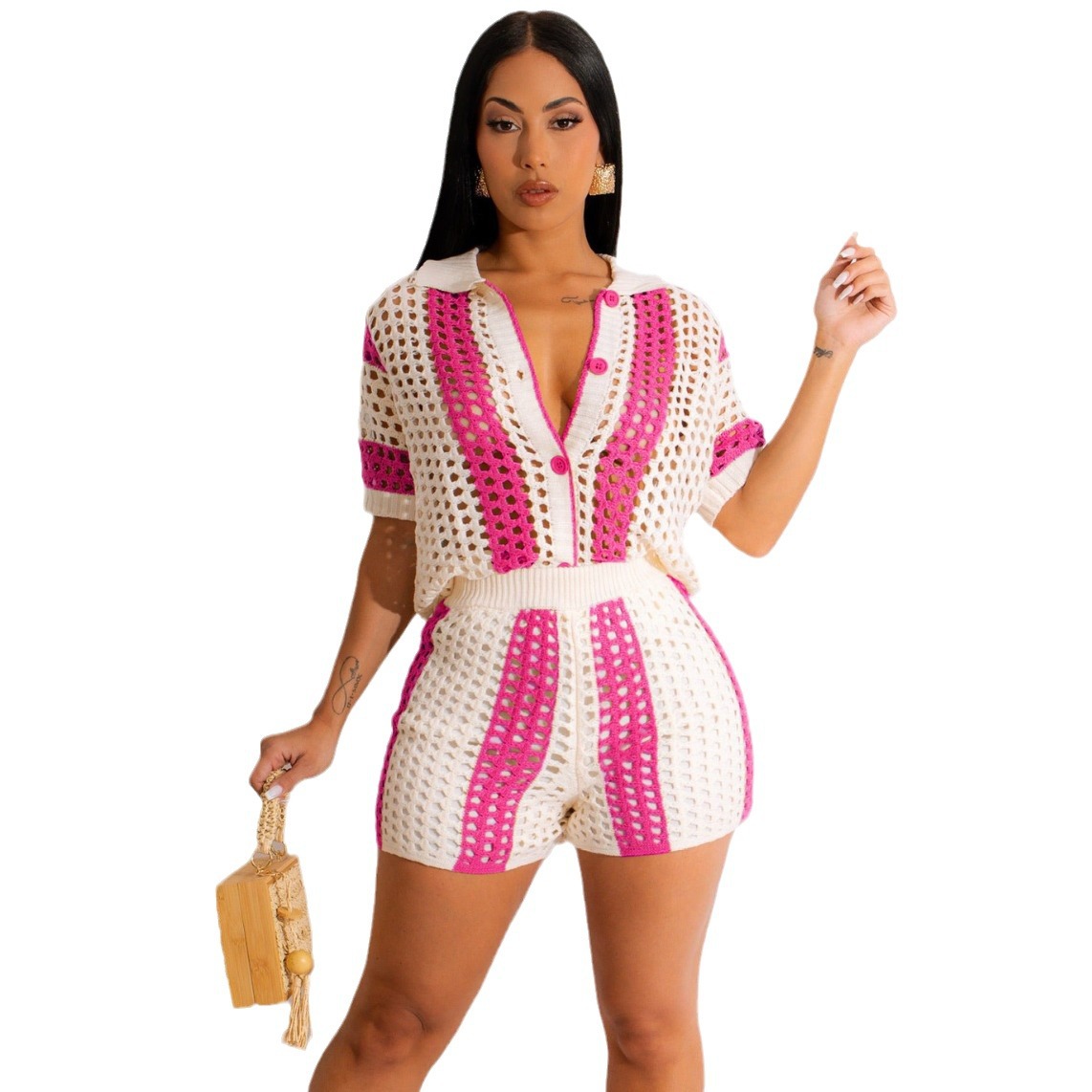 Women's Sexy Hollow-Out Sheer Lapel Knit Shorts Set