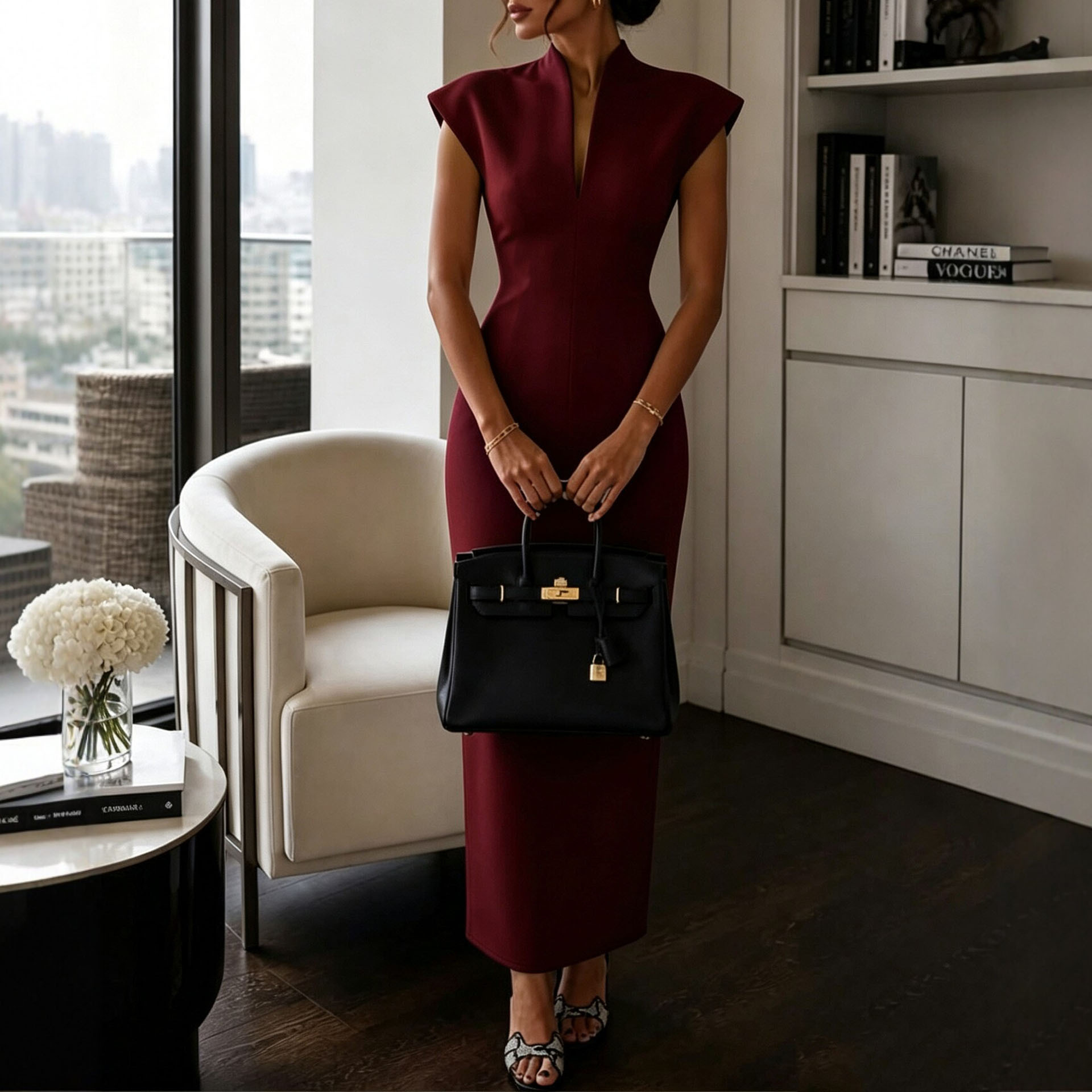 Women's Sleeveless Bodycon Dress with Stand Collar High Waist
