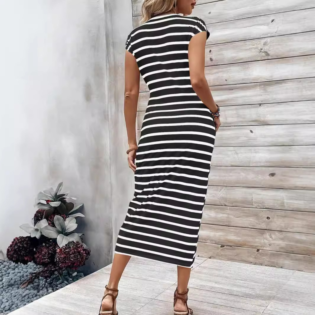 Striped Round Neck Short Sleeve Midi Dress with Waist Tie