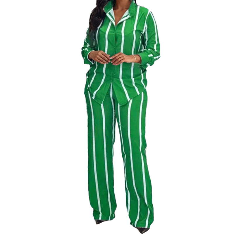 Striped Collared Shirt and Pants Set Casual Two-Piece