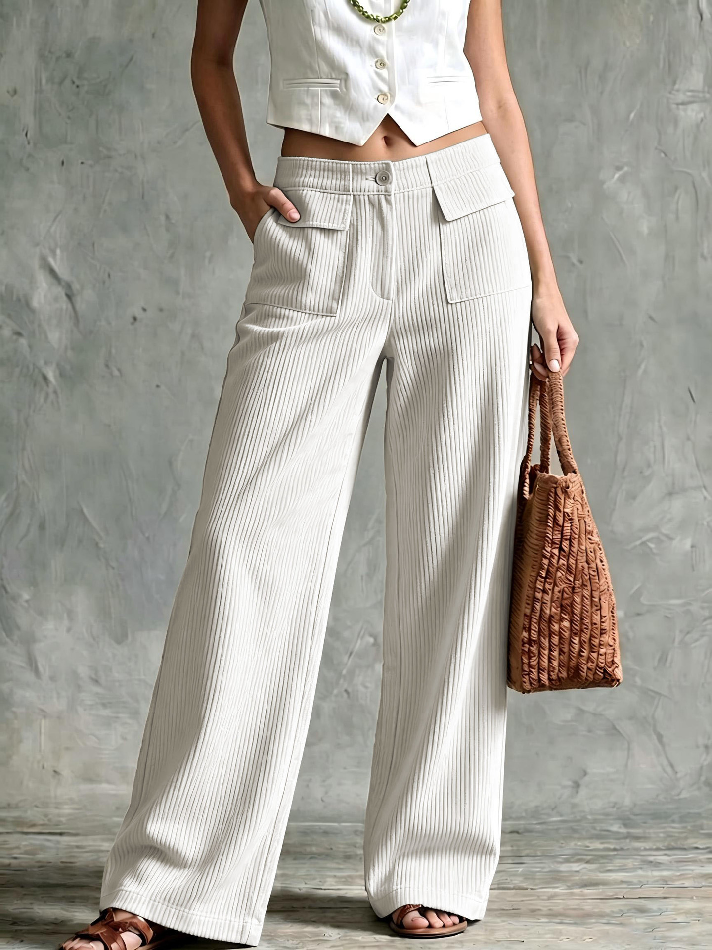Women's Corduroy Wide-Leg Pants High Waist Straight Two Pockets