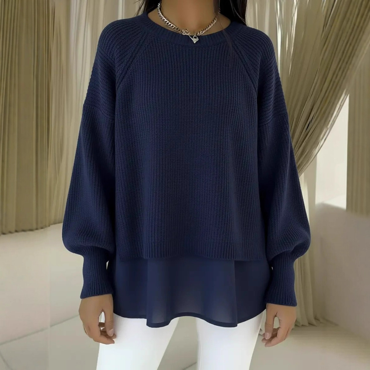 Solid Crewneck Sweater with Chiffon Hem and Lantern Sleeves