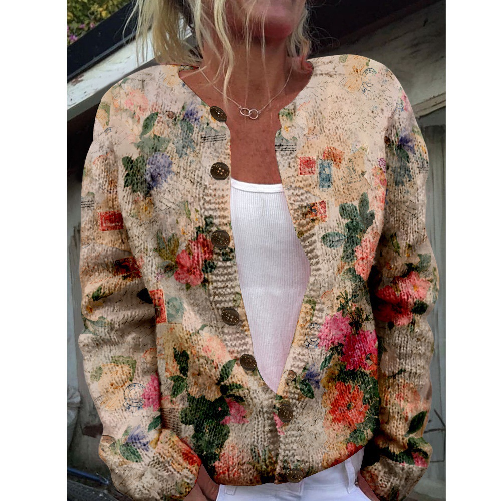 Women's Plaid Floral Print Button-Down Cardigan Sweater