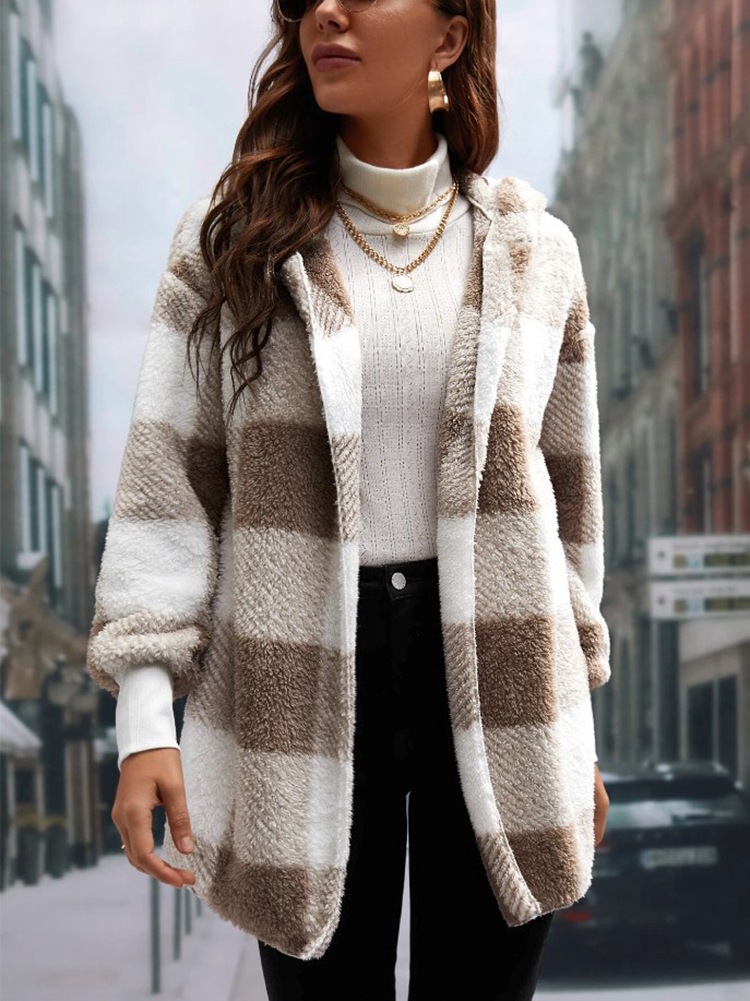 Women's Loose Plaid Fuzzy Cardigan Sweater