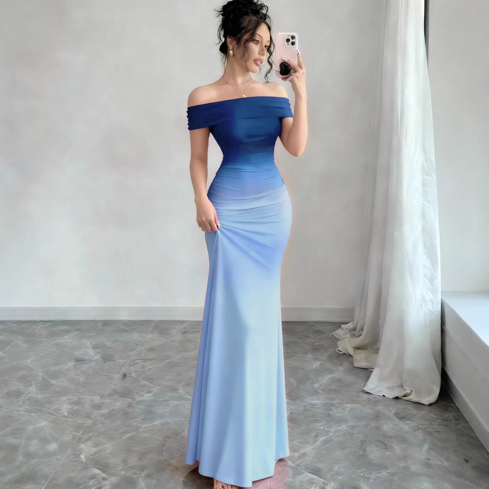 Women's Gradient Off-Shoulder Short Sleeve Bodycon Long Dress