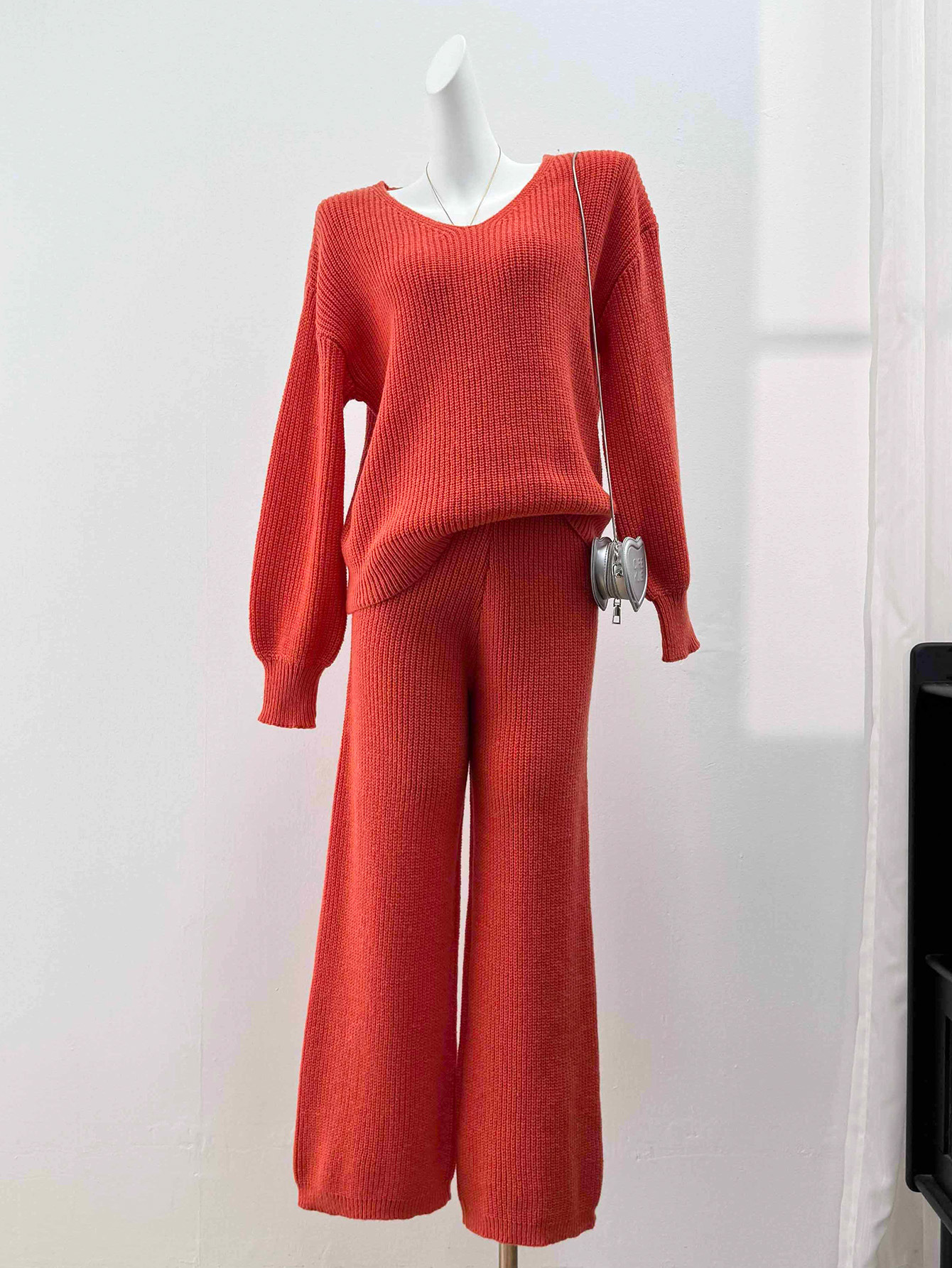 Women's V-Neck Loose Knit Top & Wide-Leg Pants Two-Piece Sweater Set