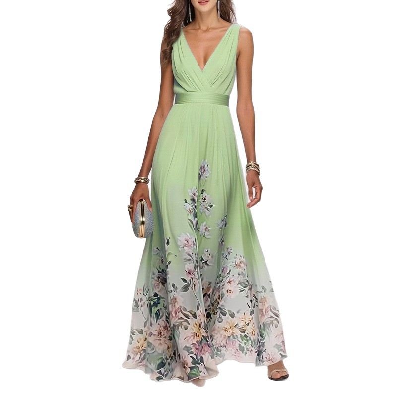 Women's Botanical Print V-Neck Sleeveless A-Line Maxi Dress