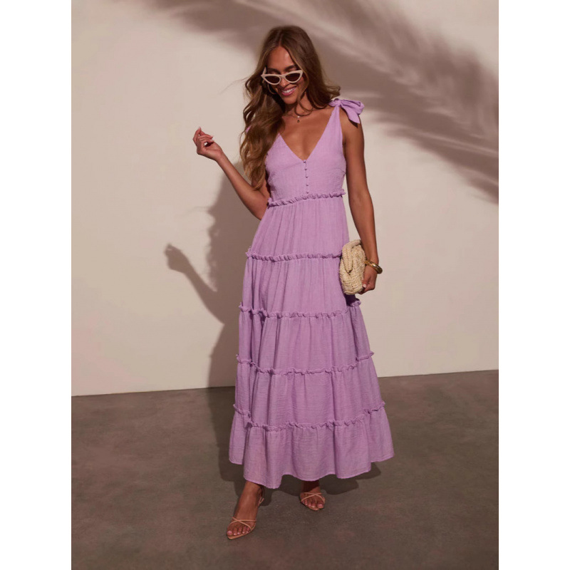 V-Neck Button Ruffle Midi Dress