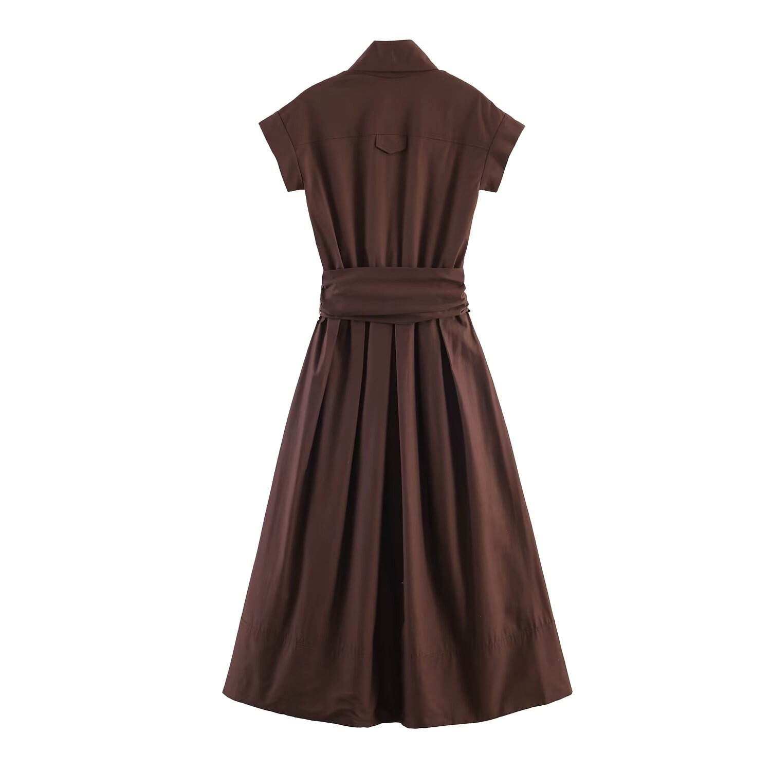 Women's Poplin Pleated Shirt Dress with Stand Collar Short Sleeve