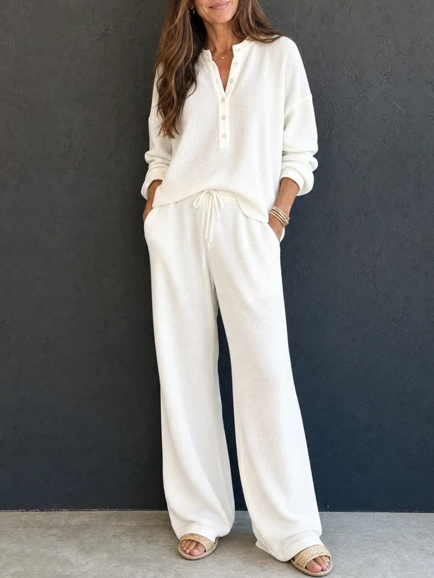Women's Waffle Knit Long Sleeve Top & Wide Leg Pants Set Solid Color