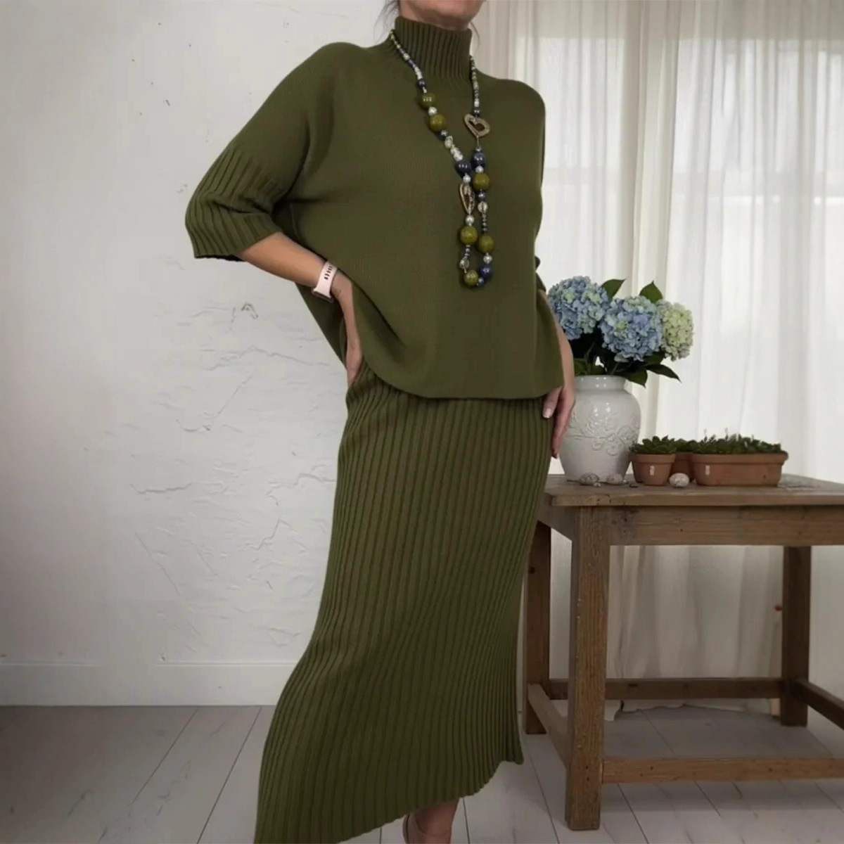 Elegant High-Neck Knit Sweater and Midi Skirt Two-Piece Set