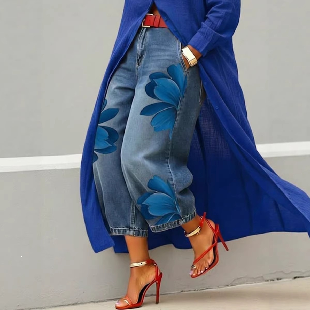 Faux Denim Print Wide-Leg Pants for Women, Loose Fit, Comfortable, Versatile