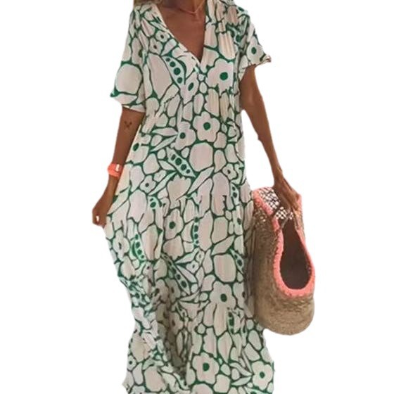Women's Summer Printed Short Sleeve Deep V-Neck Long Dress